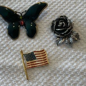 Silver rose pin, American flag pin, Butterfly pin